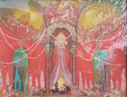 This design on cardboard of 1920, titled ‘The Palace of the Queen of Voluptuousness,’ by Maurice Denis (1870-1943) is with David Powell Fine Art, priced at £26,000 ($43,165), at the Harewood House Antiques and Fine Art Fair. Image courtesy David Powell Fine Art and Harewood House Antiques and Fine Art Fair.